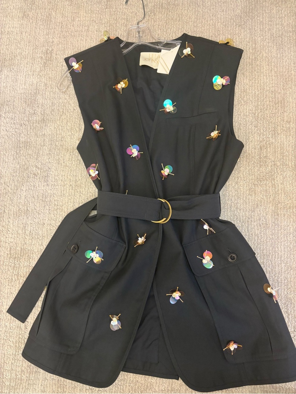 Ulla Johnson Black Embellished Belted Vest with Iridescent Sequins